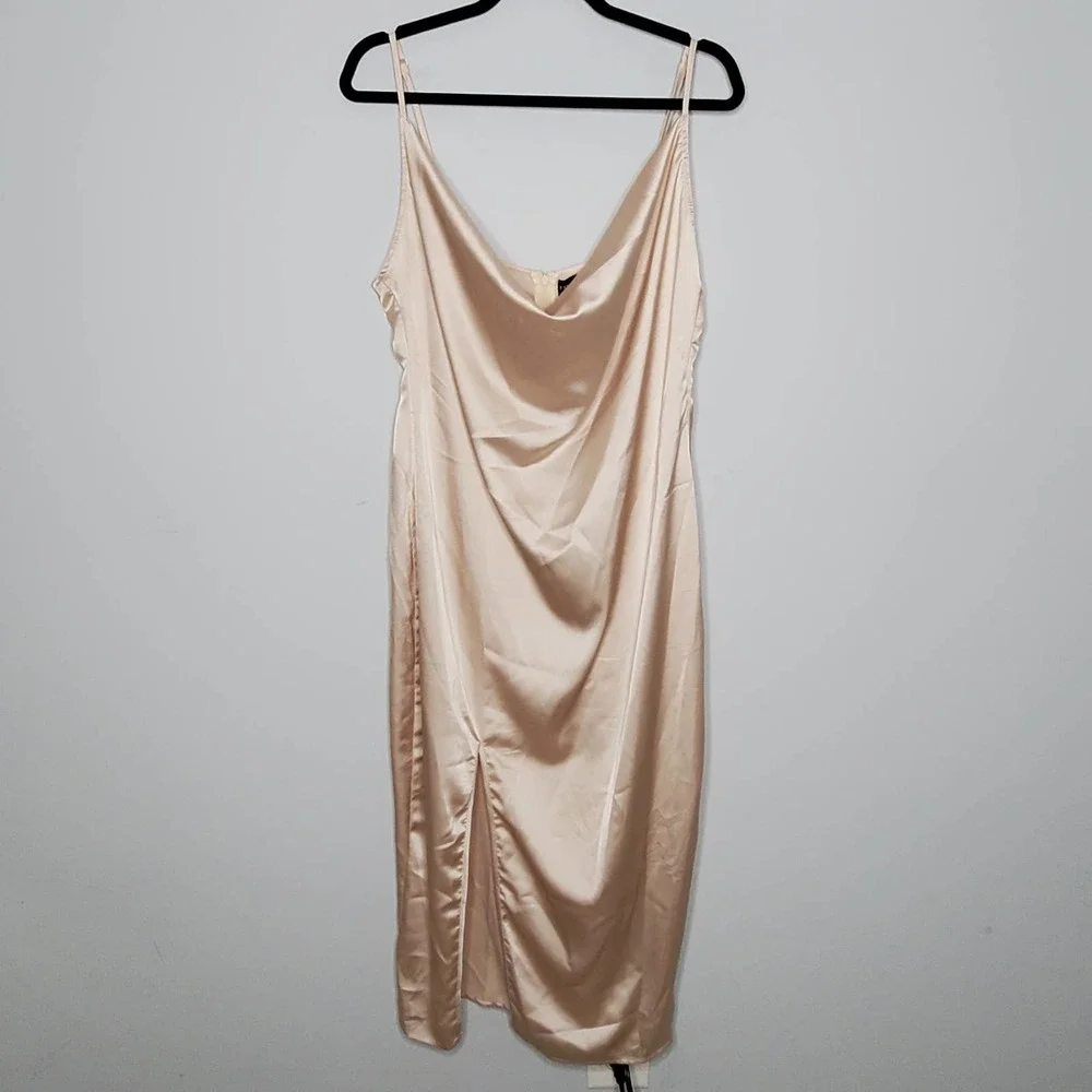 PRETTYLITTLETHING Champagne Satin Strappy Cowl Neck Sleeveless Midi Dress Sz 12 - Picture 2 of 8